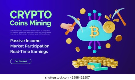 3d Coins Mining Crypto Currency Concept Ads Banner Poster Card Cartoon Design Style. Vector illustration of Passive Income and Market Participation