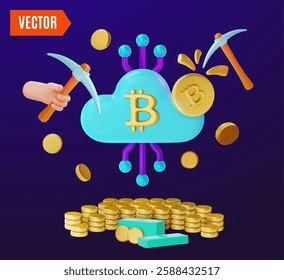 3d Coins Mining Crypto Currency Concept Background Cartoon Design Style. Vector illustration of Cloud Service, Pickaxe and Cryptocurrency