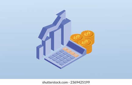 3D coins next to calculator and graph.3D design.isometric vector design Illustration.