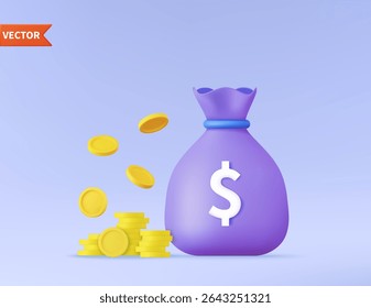 3d Coins stacks and Floating, bag money icon. Business investment, earn Finance saving concept. on pastel purple background. Vector illustration