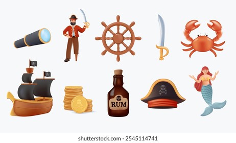 3D collection of adorable pirates, sail ship, mermaids, sea fish and underwater creatures, treasure and rum isolated on white background. Childish vector illustration in 3D cartoon style