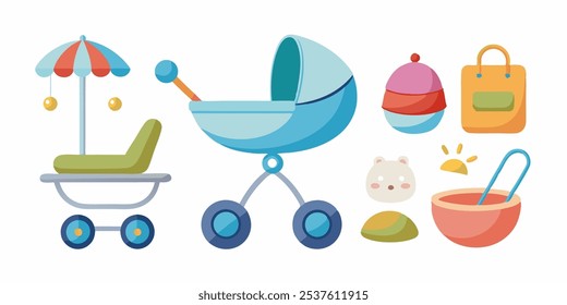 3d collection of baby elements. Baby stroller and cradle, pacifier mobile and plate. Realistic render style newborn icons. Isolated toddler equipment pithy vector set. on white background