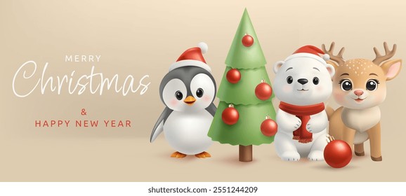 A 3D collection of cute Christmas animal mascots, featuring a penguin, reindeer, polar bear, and Christmas tree. Festive, red hats, gestures, winter vibes, perfect for greetings and banners. Not AI.