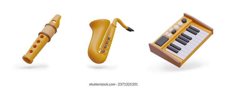 3d collection of different instruments. Realistic flute, gold saxophone and synthesizer. Musical instruments for creating new music. Vector illustration in yellow colors svg