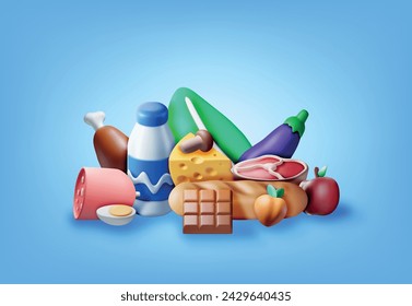 3D Collection of Fresh Products. Render Grocery Store Set Supermarket. Food and Drinks. Milk, Vegetables, Meat Chicken, Cheese, Sausage, Salad, Bread, Chocolate and Egg. Vector illustration