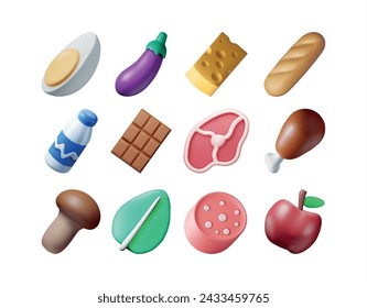 3D Collection of Fresh Products. Render Grocery Store Set Supermarket. Food and Drinks. Milk, Vegetables, Meat Chicken, Cheese, Sausage, Salad, Bread, Chocolate and Egg. Vector illustration