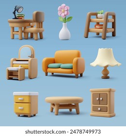 3d collection icon set of Wooden furniture, Home and decoration concept. Eps 10 Vector.