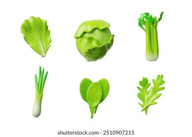 3d collection of icons of lettuce leaf, iceberg, celery, arugula, green onion, spinach, ideal for vegetarian meals. This vector graphic symbolizes health..