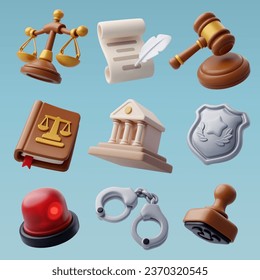 3d colección de ícono de la ley y el fallo, abogado, policía y castigo del concepto de tribunal. Vector Eps 10.