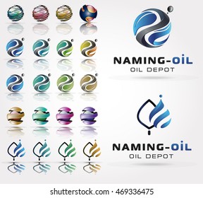 3d collection of logos in the form of a sphere, with stylized elements in the form of a leaf, fire, drops. Vector illustration.