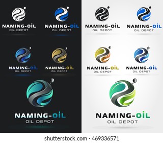 3d collection of logos in the form of a sphere, with stylized elements in the form of a leaf, fire, drops. Vector illustration.