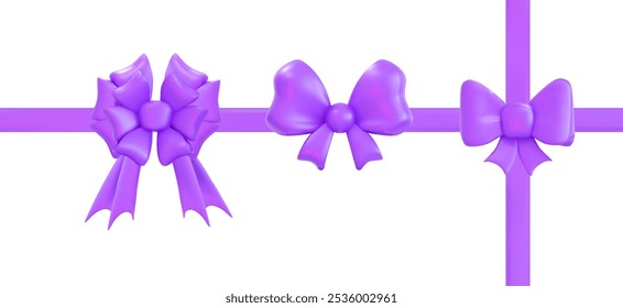 3D Collection of luxurious purple bows of various types. Suitable for gift cards, certificates, brochures, and festive banners.