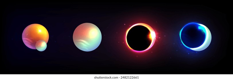 3d collection planet. Solar eclipse, moon phases. Bright isolated celestial bodies on a dark background 