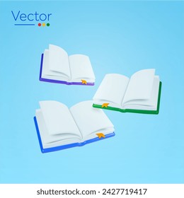 3d collection of rendered open blank books in different angles, different colors of cover, minimal style, isolated on background. 3d book icon and symbol. Vector illustration.