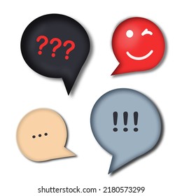 3d collection of speech bubbles with punctuation marks: exclamation mark, question mark, three dots and smiley