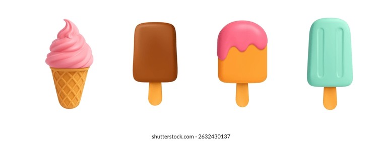 3d Collection of various multicolored ice cream icons. Design elements. Summer holiday, Time to travel concept. 3d rendering. Vector illustration