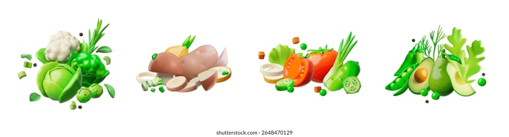 colección 3D de Conjuntos vegetales, repollo, aguacate, tomate, champiñones, verduras, pepino. Vegetarianismo. Comida orgánica y saludable. Cosecha. Vitaminas. Ilustración vectorial. Fondo aislado.