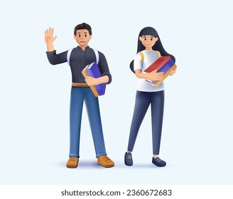 3D College friends. 3D cartoon characters style vector design illustrations. Multicultural students. Young girl and boy holding books isolated characters on white background. Happy teenager 3D