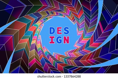 3d color abstract background. Round twisted tunnel of elegant modern geometric shapes on blue background. Futuristic design poster or banner. Vector illustration.