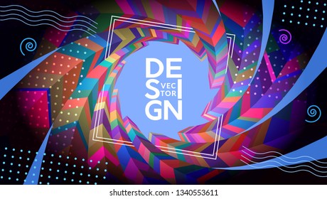 3d color abstract background. Round twisted tunnel of elegant modern geometric shapes, pink and blue stripes, and dots on blue background. Futuristic design poster or banner. Vector illustration.