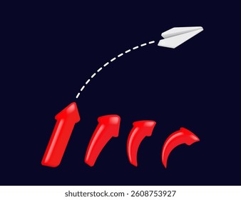 3D color arrows signs of various shapes and flying paper plane. Business success concept.  Vector illustration