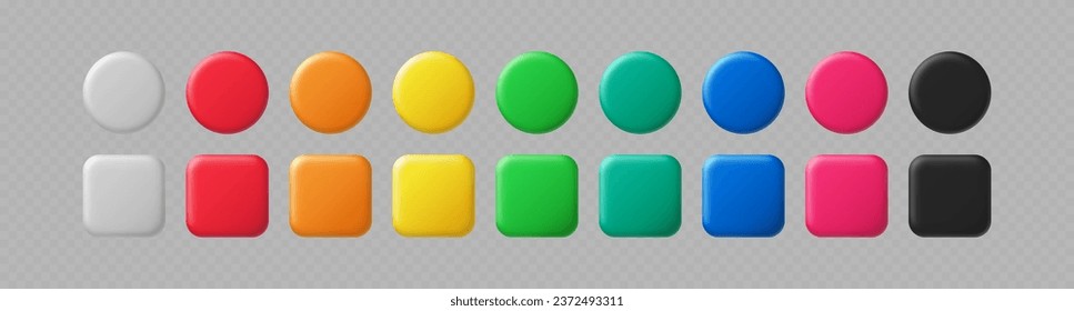 3D color button. Square and circle glossy colorful web ui buttons, red and green, black and white, blue and yellow user interface vector elements. Game buttons design isolated icons set