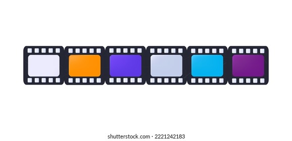 3d cine a color. Rollo o carrete de marcos multicolores. El concepto de la industria cinematográfica, el arte de la fotografía, el procesamiento de imágenes, el negativo. diapositiva de tiras de películas, viendo una serie o TV. Vector 