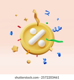 3D color confetti around golden percent coin isolated. Render money, finance or business. Percentage, sale, discount, promotion, shopping symbol. Offer, price tag, coupon bonus. Vector Illustration