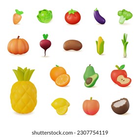 3d Color Different Fresh Vegetables and Fruits Set Cartoon Style Include of Apple, Orange, Carrot and Tomato. Vector illustration