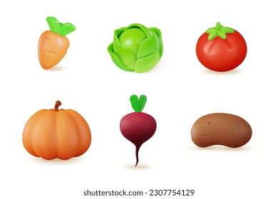 3d Color Different Fresh Vegetables Set Cartoon Style Include of Carrot, Beet and Pumpkin. Vector illustration