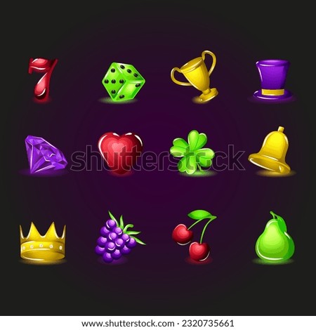 3D Color Different Slots Icons for Casino Slot Machines Include of Cherry, Seven, Heart and Diamond. Vector illustration