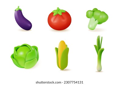 3d Color Different Vegetables Set Cartoon Style Include of Broccoli, Eggplant, Corn and Tomato. Vector illustration