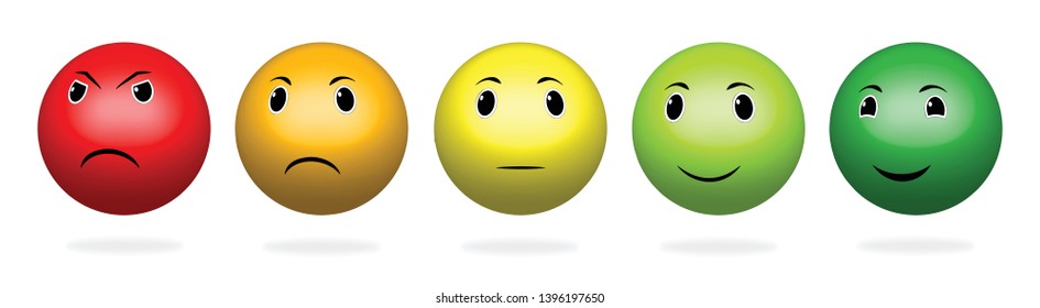 3D  Color Faces Feedback/Mood. Set of five faces scale - sad  neutral smile - isolated vector illustration. 3d design of faces with shadow.  Vector illustration EPS10.