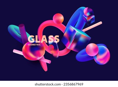 3D color geometric shapes in glass morphism style. Abstract vector design elements.