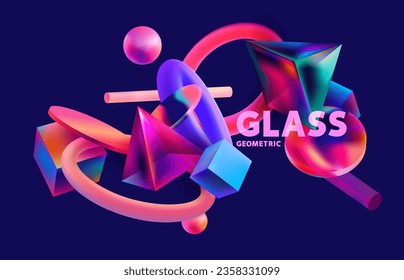 3D color geometric shapes in glass morphism style. Abstract vector design elements.