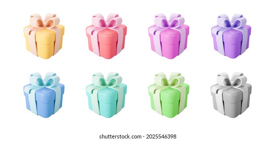 3d color gift boxes set with pastel ribbon bow isolated on a white background. 3d render flying modern holiday closed surprise box. Realistic vector icon for present, birthday or wedding banners
