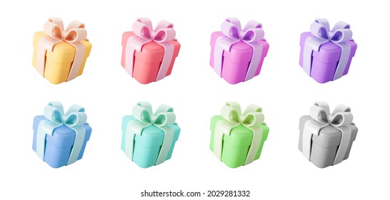3d color gift boxes set with pastel ribbon bow isolated on a white background. 3d render flying modern holiday closed surprise box. Realistic vector icon for present, birthday or wedding banners - Shutterstock ID 2029281332