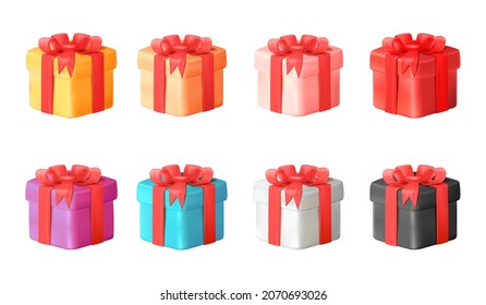 3d color giftbox. Present gift boxes icon, closed pink orange purple red prize, soft bow birthday surprise, set realistic minimal design tidy isolated vector illustration. Gift 3d surprise collection