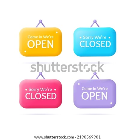 3d Color Hanging Open and Close Sign Board Set Plasticine Cartoon Style Isolated on a White Background. Vector illustration