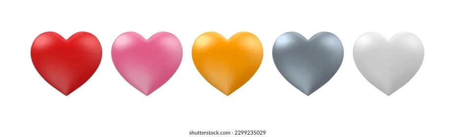 3d color hearts. Heart shaped balloon red, pink and golden, silver white. Valentine, wedding and mother day glossy elements. Vector set. Shining romantic objects, holiday celebration