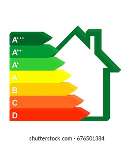 3D Color Icon Energy class home next to a green house. Graph saving and energy consumption households 