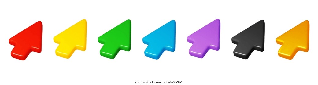 3d color mouse cursors. Three dimensional arrows different colors, voluminous click pointers, interactive navigation, computer control web pictograms element, render glossy isolated vector set