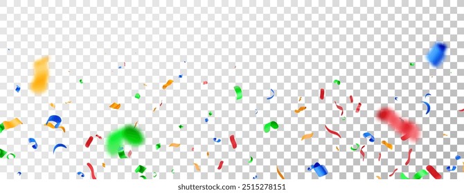 3D color party confetti on transparent background. Render colorful confetti in empty space. Paper firecracker elements in various shapes. Party, holiday, surprise birthday events. Vector illustration