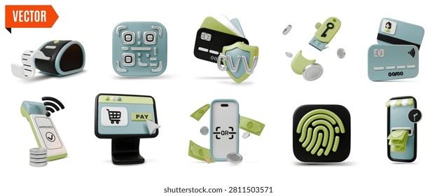 3d Color Payment Methods Concept Set Cartoon Design Style Include of Credit Card, Fingerprint Personal Identification and QR Code Tag. Vector illustration