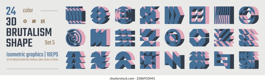 3d Color postmodern abstract geometric graphic elements, Brutalist vector shapes, Refraction and distortion glass effect various form, isometric trendy design symbols in Y2K aesthetics set 5