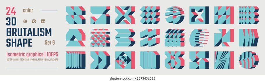 3d Color postmodern abstract geometric graphic elements, Brutalist vector shapes, Refraction and distortion glass effect various form, isometric trendy design symbols in Y2K aesthetics set 6