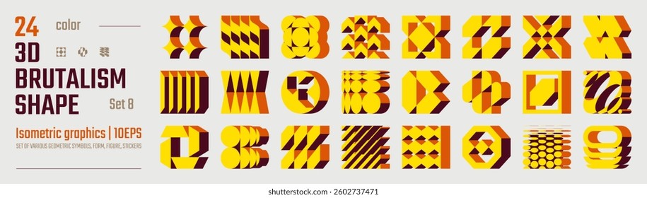3d Color postmodern abstract geometric graphic elements, Brutalist vector shapes, Refraction and distortion glass effect various form, isometric trendy design symbols in Y2K aesthetics set 8