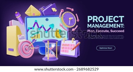 3d Color Project Management Plan, Execute, Succeed Optimize Concept Ads Banner Poster Card Template. Vector illustration