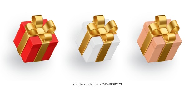 Cajas de regalo realistas de color 3D establecidas aisladas sobre un fondo blanco. Festiva decoración regalos.