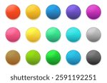 3d color round buttons. Icons of blue, green, red, yellow, pink and purple circle isolated on white background. Set of color plastic buttons with shadows, vector illustration